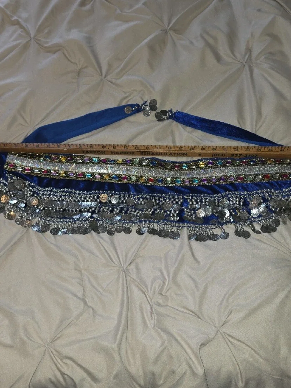 +Blue Coin Fringe Belly Dance Hip Scarf with Multicolor Gems